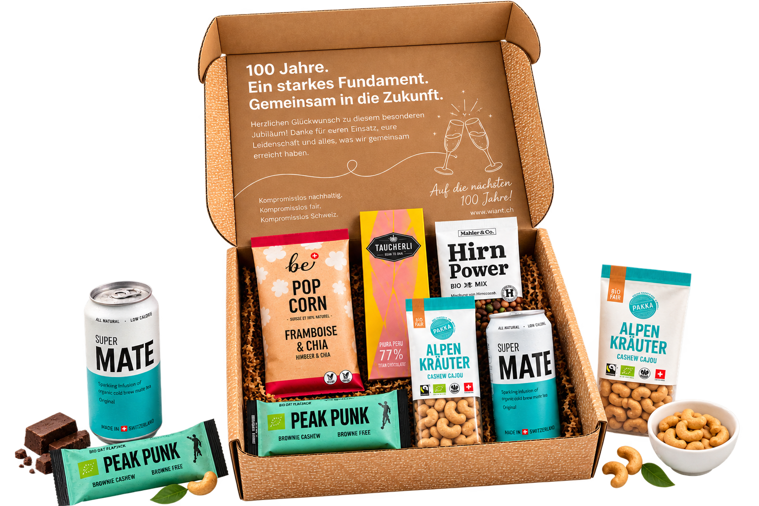 Ob Ihr Unternehmen ein rundes Jahr feiert oder eine Mitarbeiterin zehn Jahre dabei ist — kuratierte Schweizer Boxen, mit Ihrem Logo und einer persönlichen Karte.
