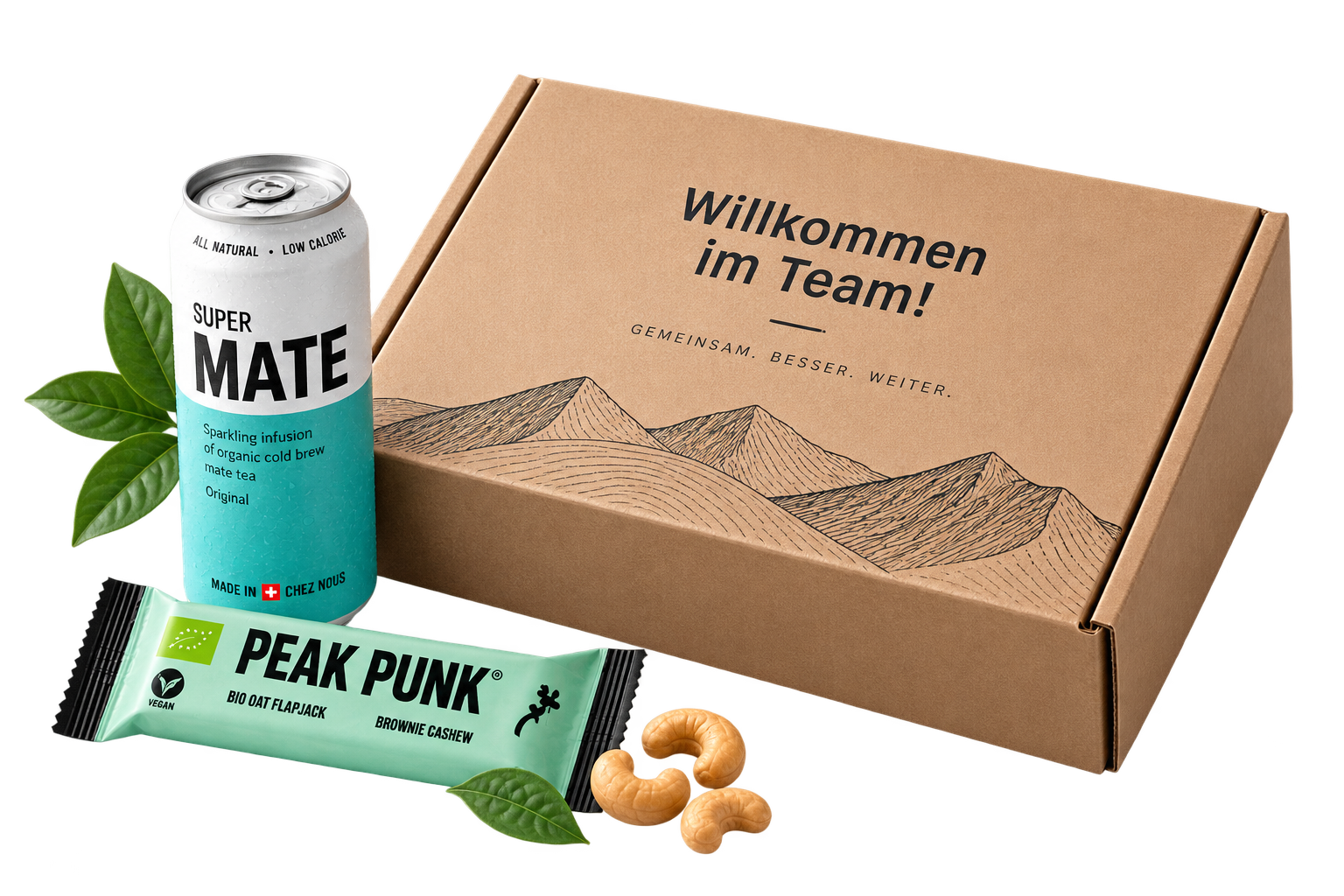 Der erste Tag entscheidet mit, ob jemand ankommt. Eine Box mit Schweizer Produkten, Ihrem Logo und einer persönlichen Karte — am Arbeitsplatz oder vorab nach Hause, wenn der Start remote beginnt.
