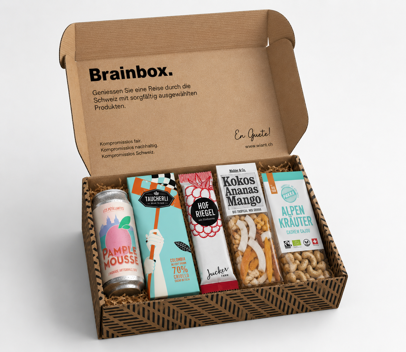 Offene wiant Brainbox mit Schweizer Brainfood: Snacks, Nüsse, Trockenfrüchte und Getränk
