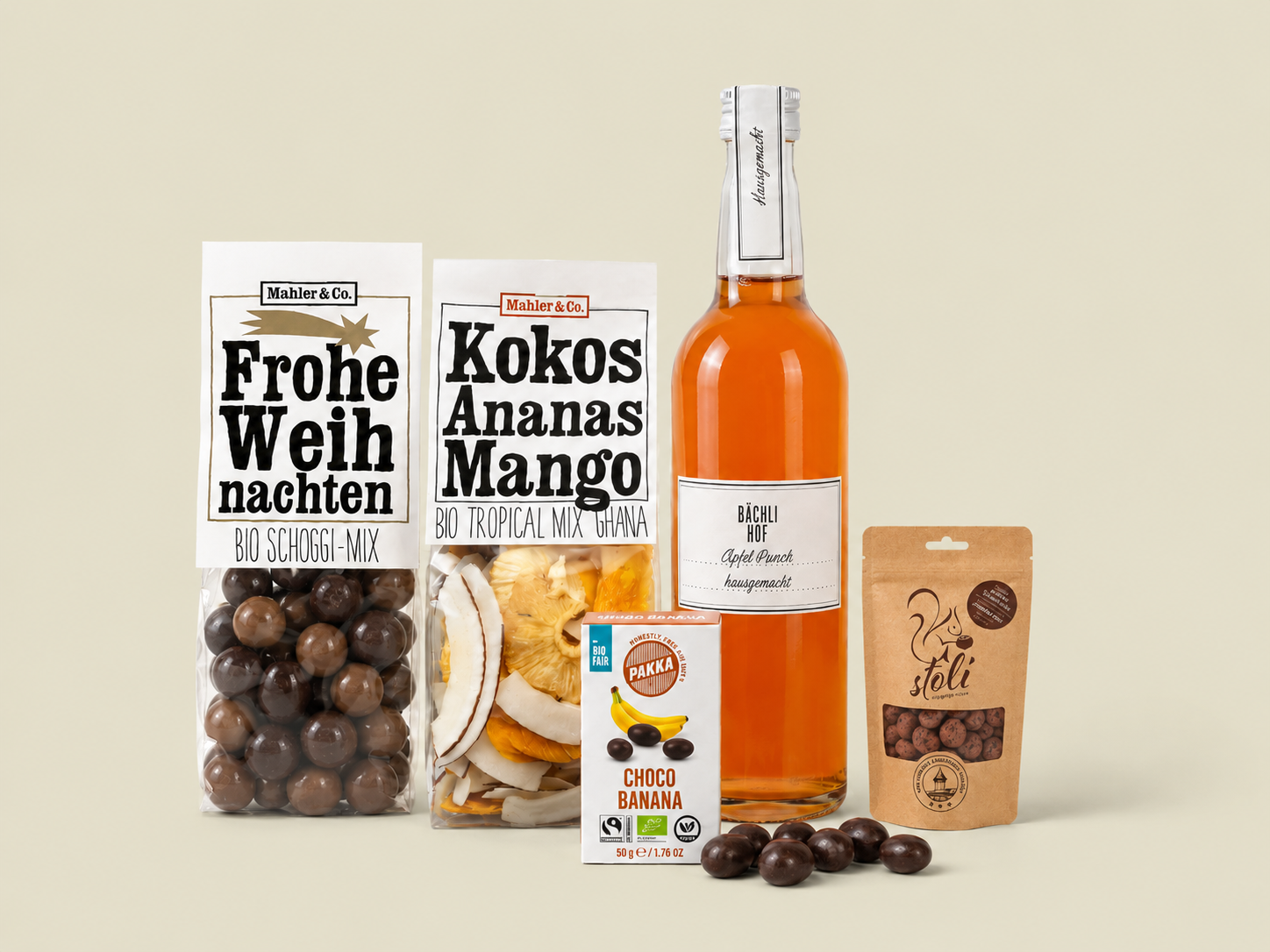 Xmas Selection – Geschenkbox mit Schweizer Schoggi-Mix, Tropical Mix, Apfel-Punch und Snacks